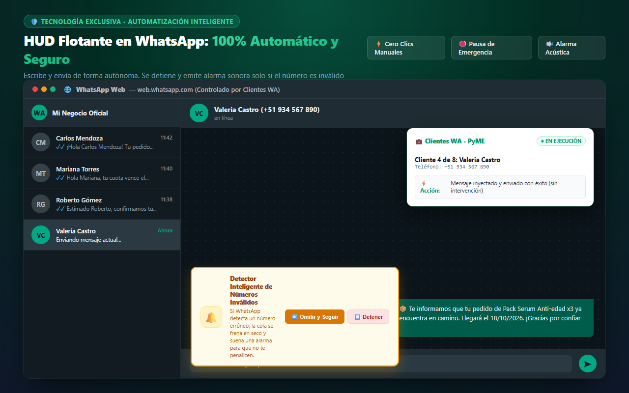 HUD flotante en WhatsApp Web y alarma anti-número inválido