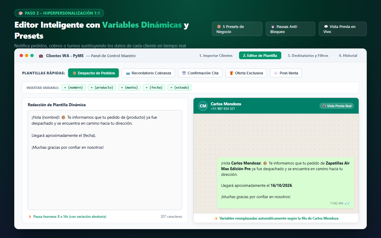 Editor de plantillas dinámicas de Clientes WA